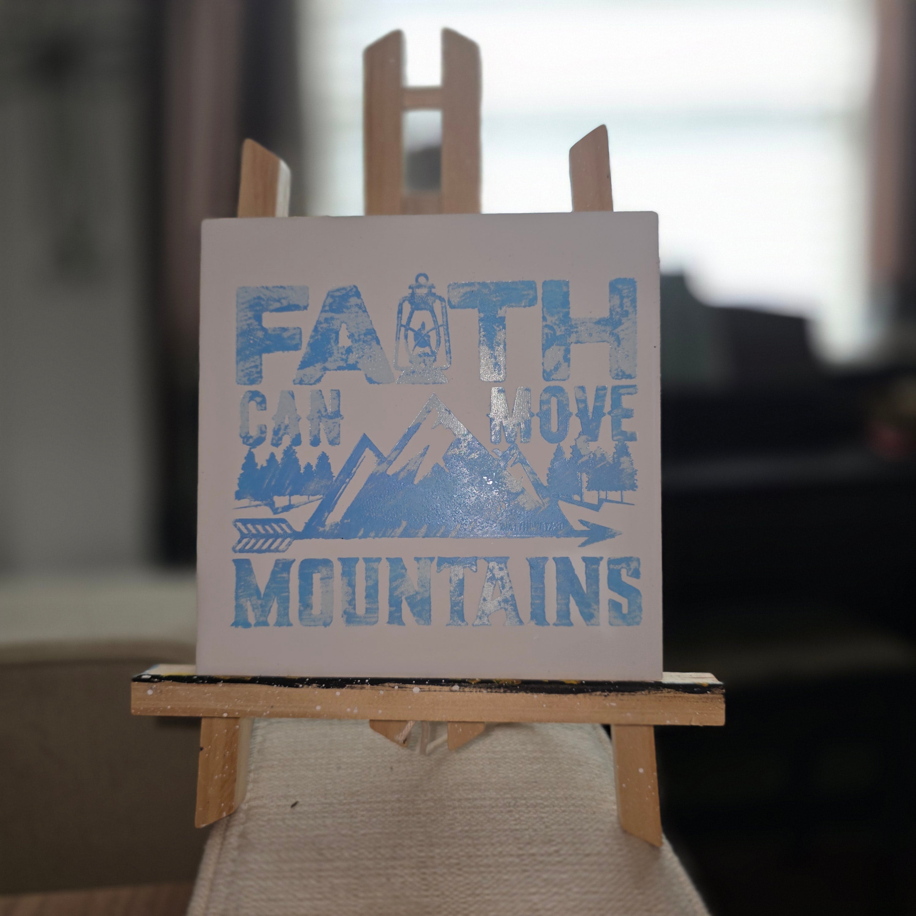 Faith Can Move Mountains Ceramic Tile Engraved Hand Painted Blue