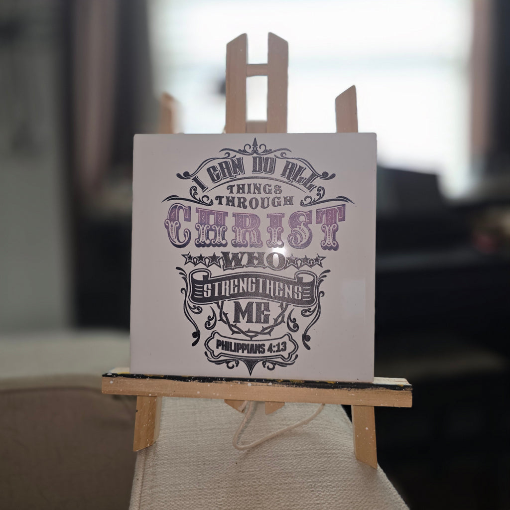 Philippians 4:13 Ceramic Tile Engraved Hand Painted Black & Violet