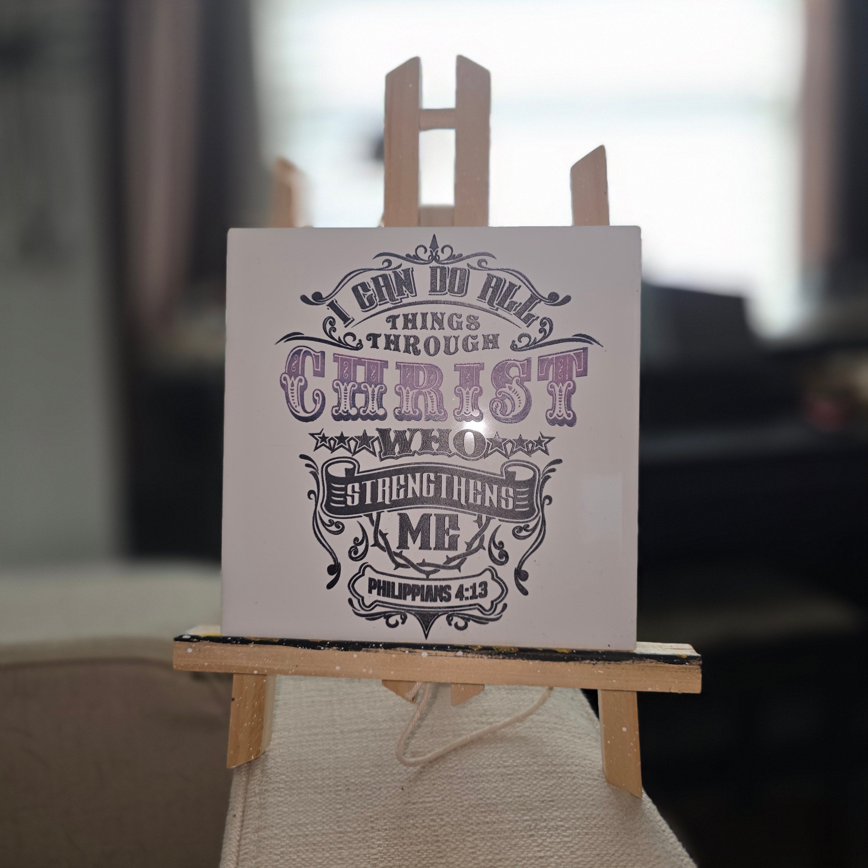 Philippians 4:13 Ceramic Tile Engraved Hand Painted Black & Violet