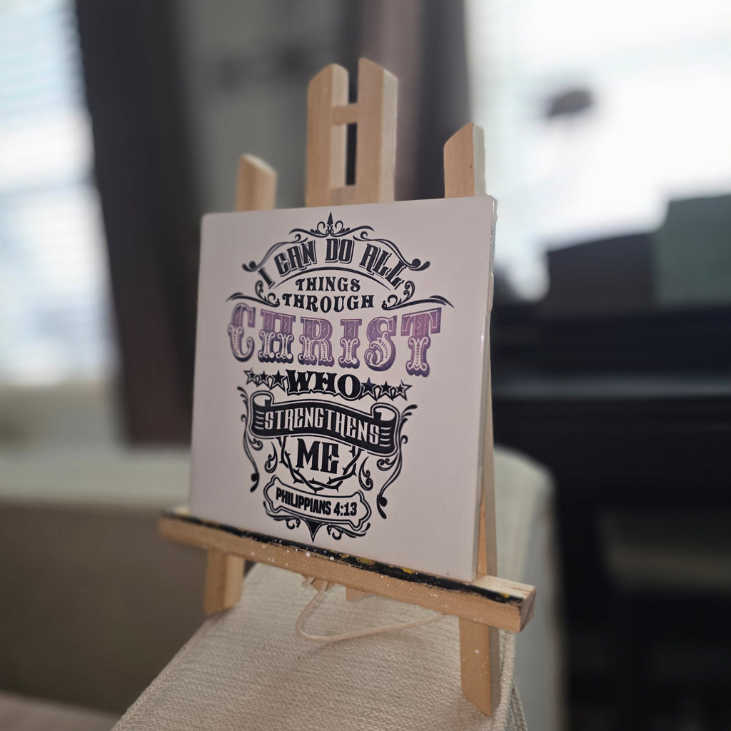 Philippians 4:13 Ceramic Tile Engraved Hand Painted Black & Violet