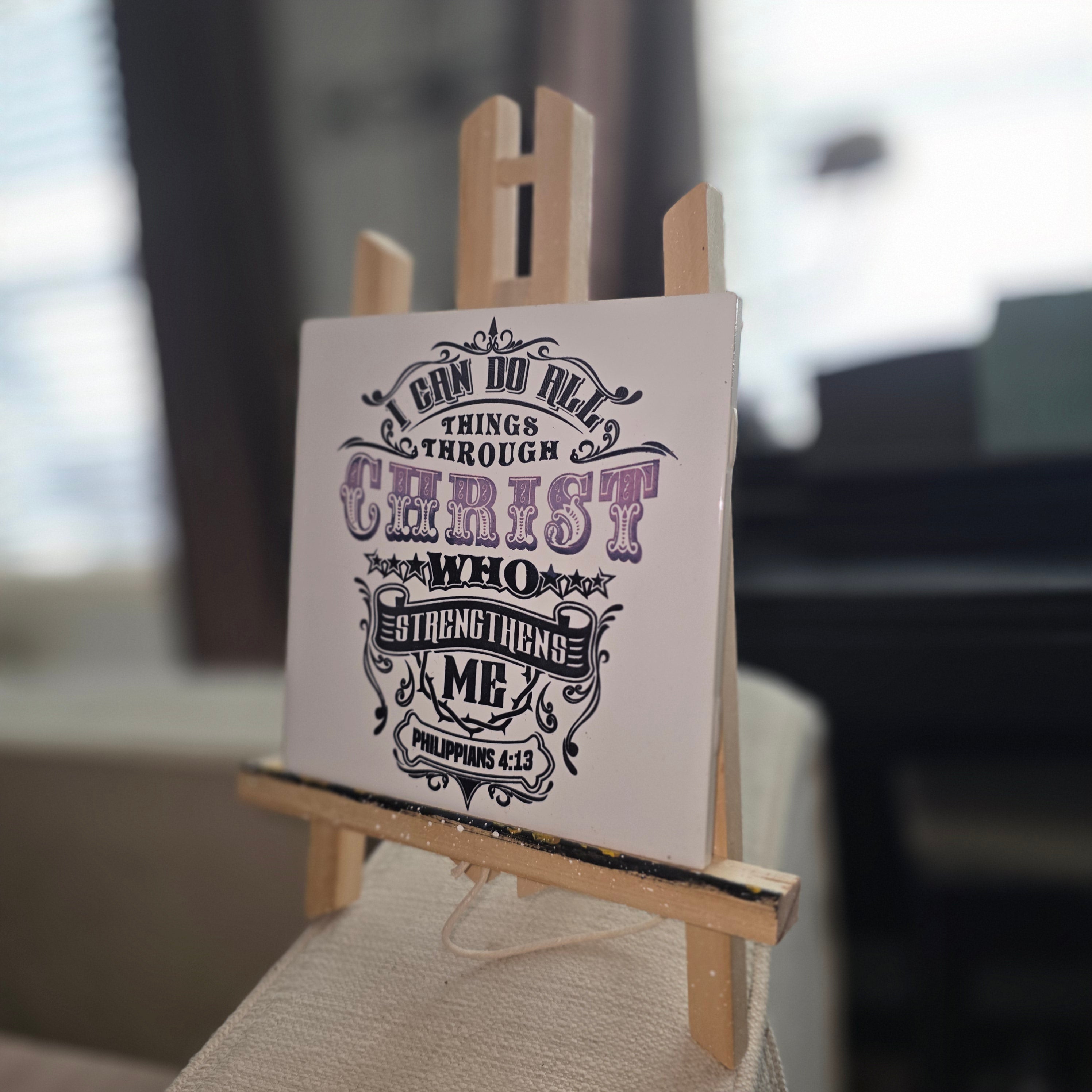 Philippians 4:13 Ceramic Tile Engraved Hand Painted Black & Violet