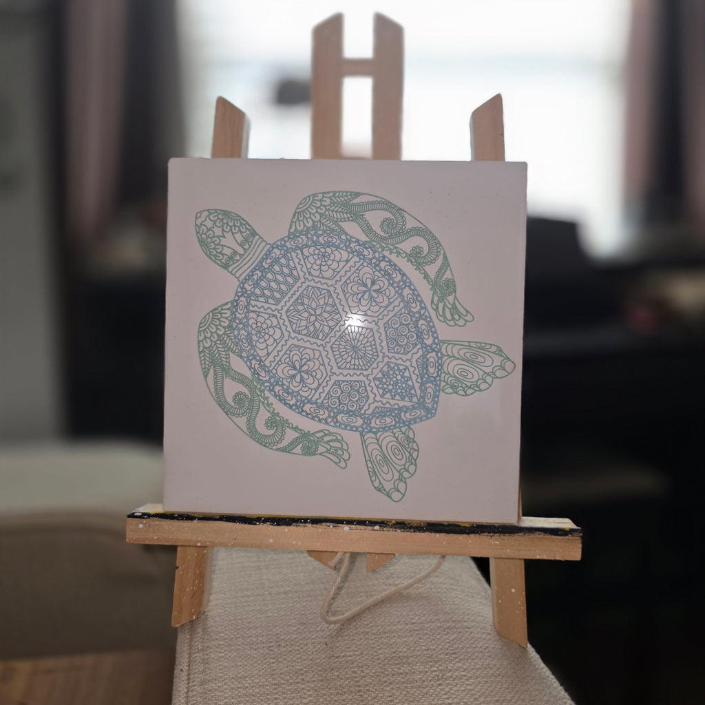 Turtle Ceramic Tile Engraved Hand Painted Blue & Green