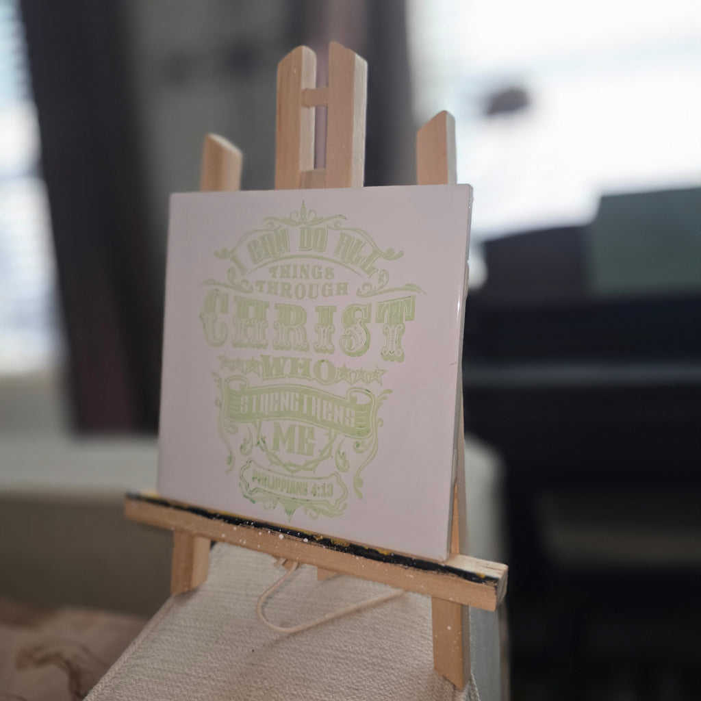 Philippians 4:13 Ceramic Tile Engraved Hand Painted Light Green