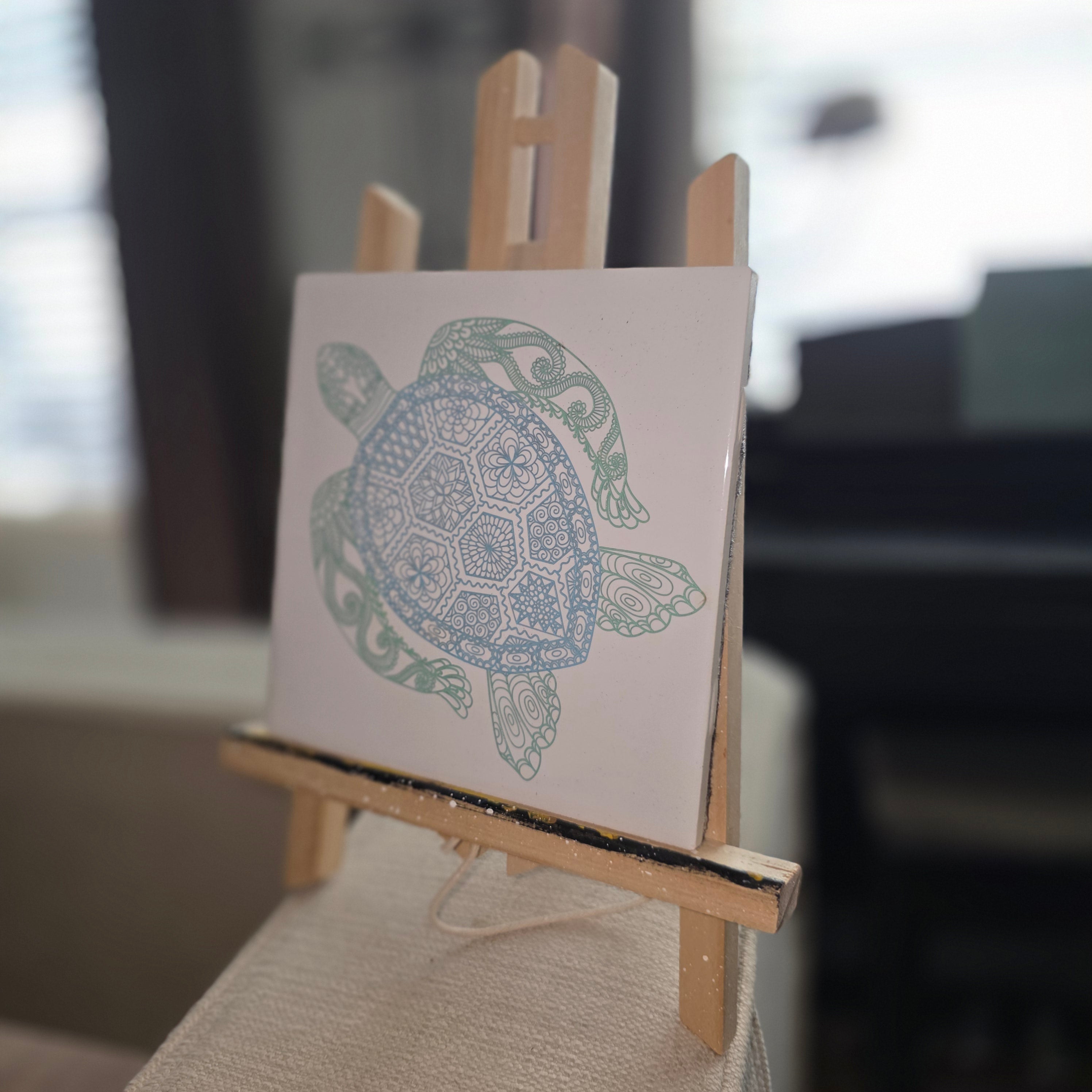 Turtle Ceramic Tile Engraved Hand Painted Blue & Green