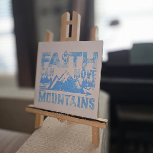 Faith Can Move Mountains Ceramic Tile Engraved Hand Painted Blue